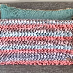 Handmade Crocheted Baby Blanket in Mauve, Purple, and Blue